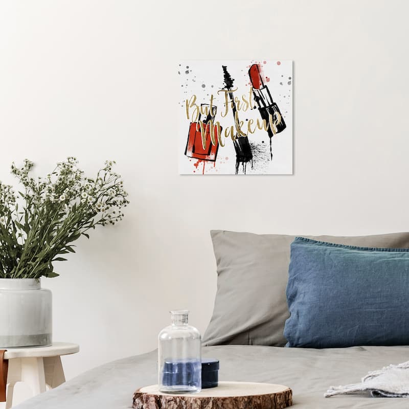 Wynwood Studio Canvas Fashion and Glam Makeup Splatter Red and Metallic Gold Glam Wall Art Canvas Print - 12 x 12