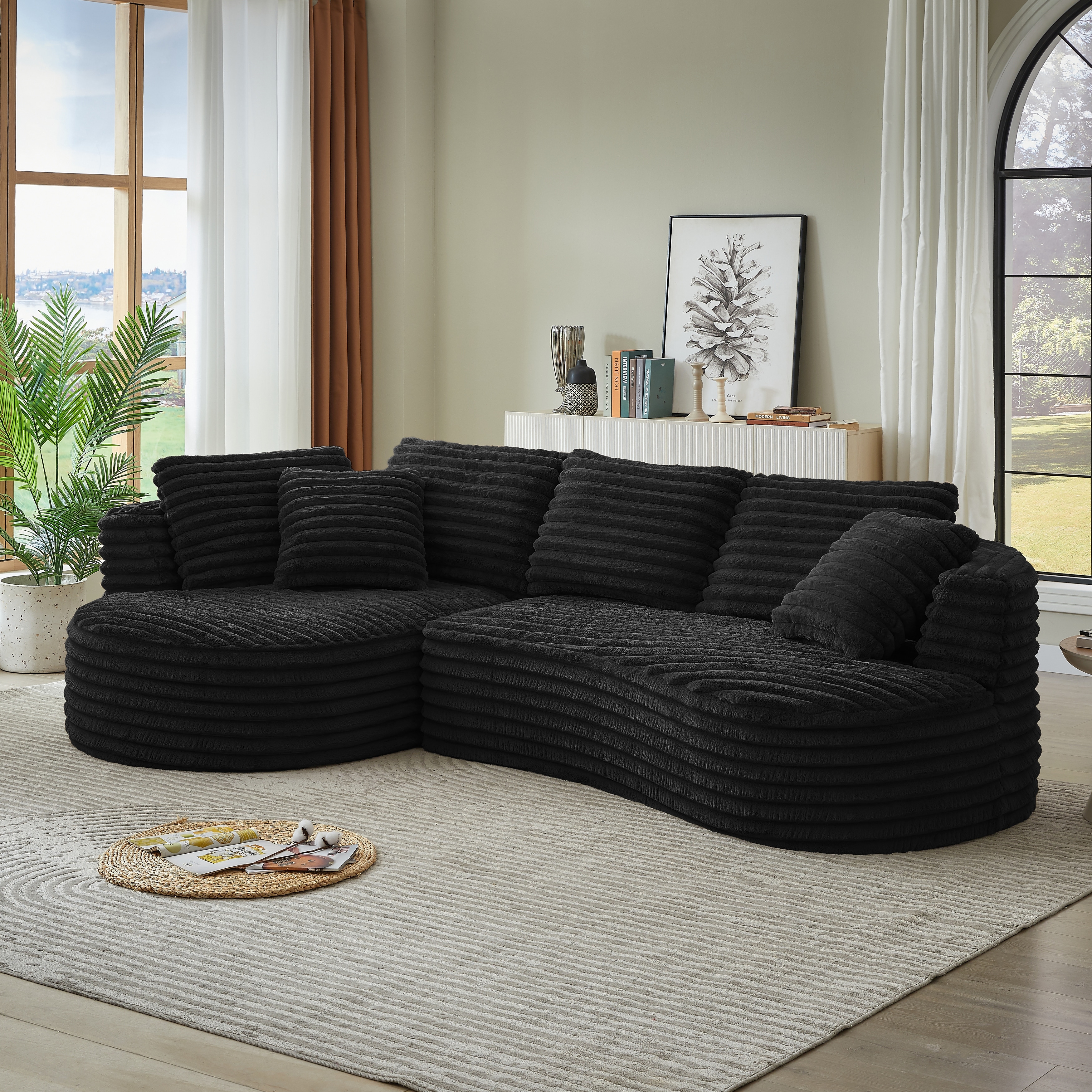 120.9" Corduroy Curved L-Shaped Sectional Sofa with Left Recliner & Sleeper