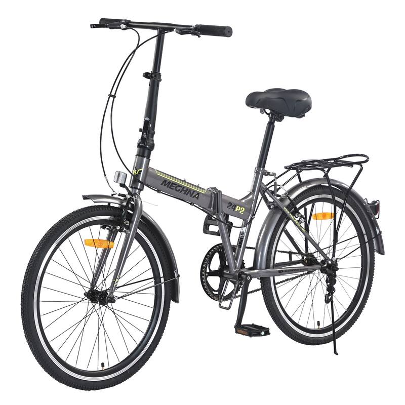 24 Inch Folding Bike for Adults with Fenders, Steel Frame Single Speed City Commuter, Dual V-Brake Portable Compact Bicycle