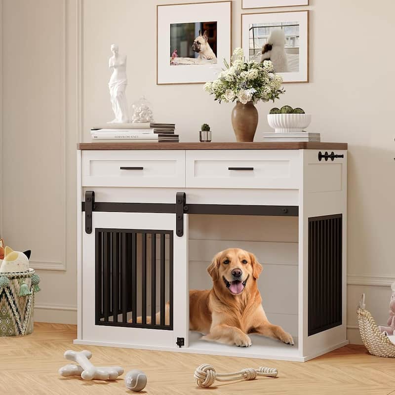 44.5" Dog Crate Furniture, Pet Kennel with Storage Drawer for Medium/ Small Dogs - White