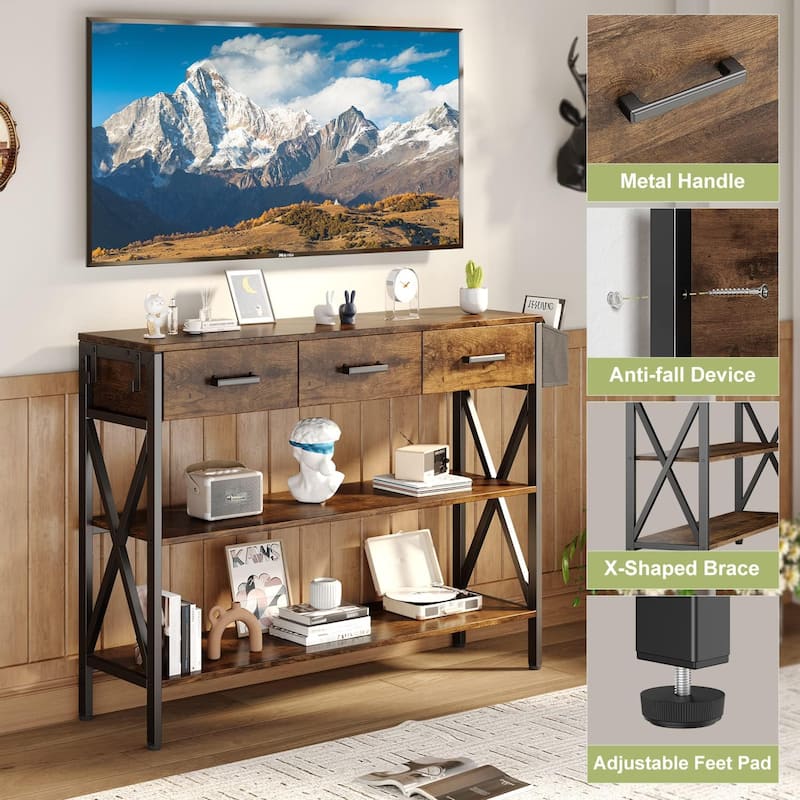47" Console Table with 3 Tier Storage Shelves, Industrial Entryway Table with 3 Drawers