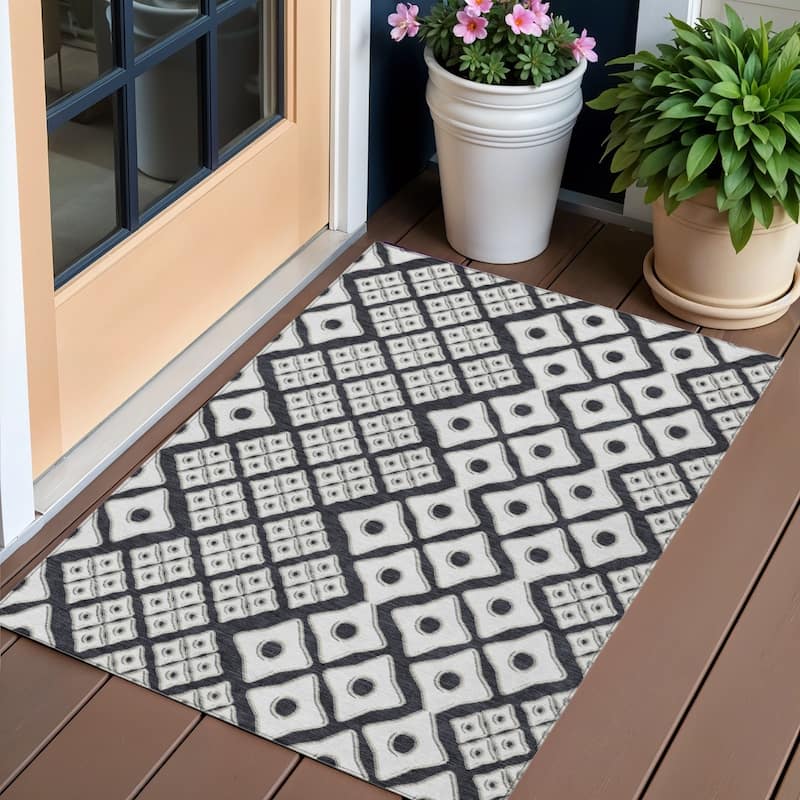 Black And Ivory Geometric Washable Indoor Outdoor Area Rug - 3' x 5' - 3' x 5' - Ivory/Black