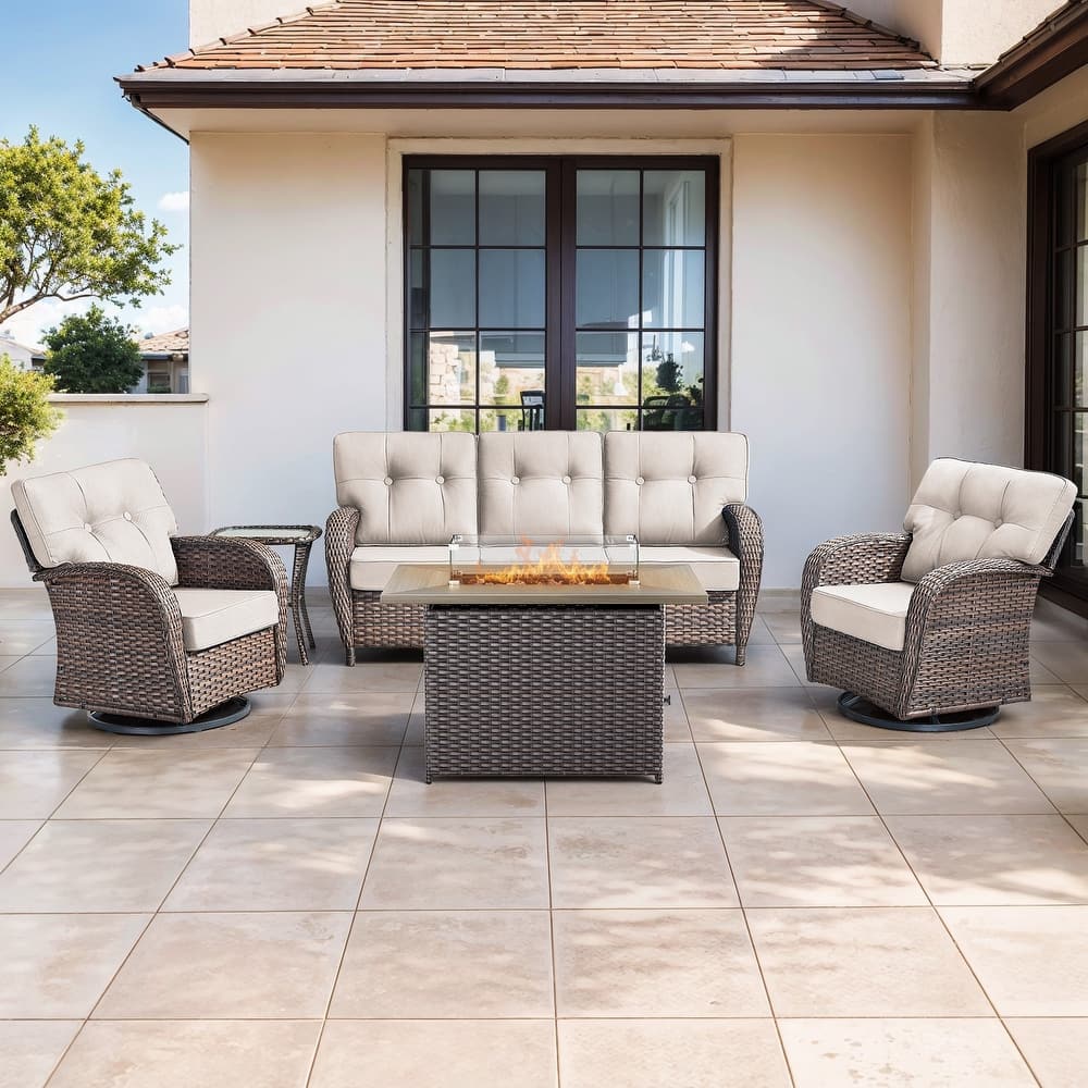 Gymojoy Outdoor Wicker Patio Furniture Sofa Set with 55,000 BTU Fire Pit Table, Swivel Chairs, Ottomans & Side Tables