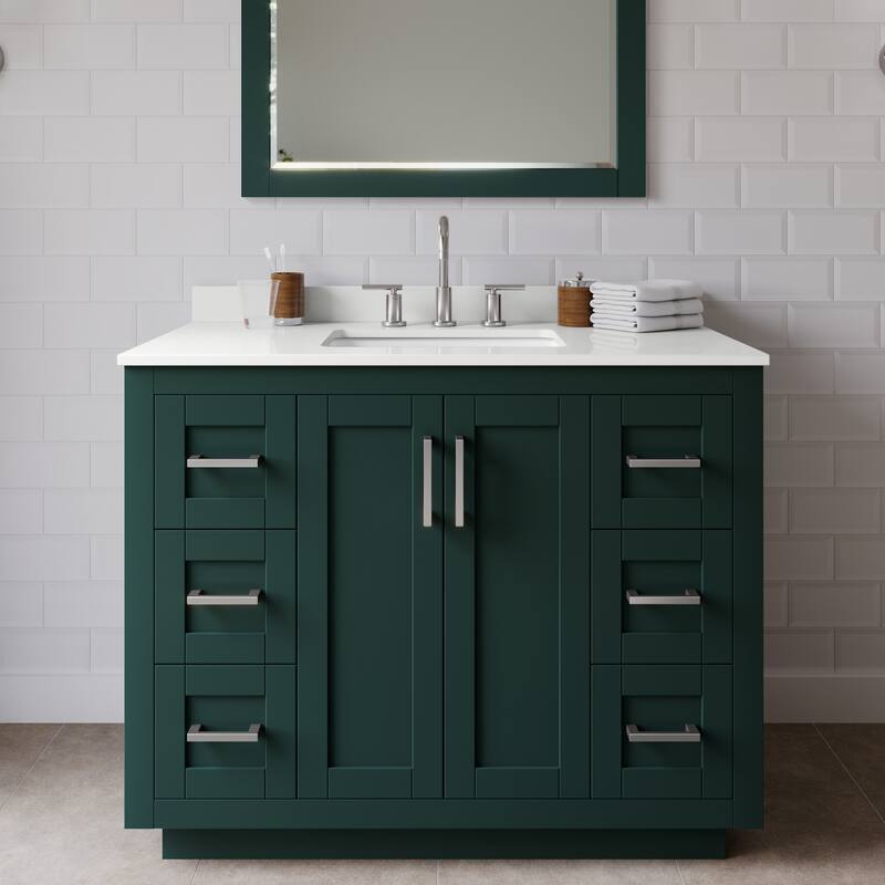 Wyndham Collection WCF292942S-QTZ-US3M34 Miranda 42" Free Standing - Green / White Quartz Top / Brushed Nickel Hardware