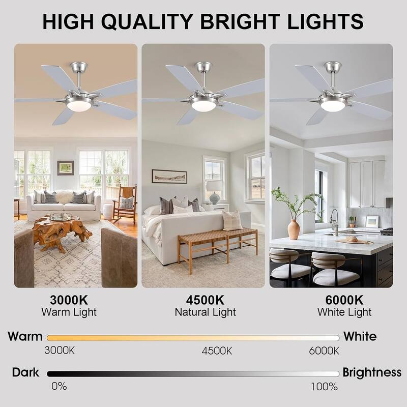 52" Modern Quiet Ceiling Fan with Light and Remote 6 Speed Airflow Bright Light for Bedroom Living Room Patio - 52 Inches