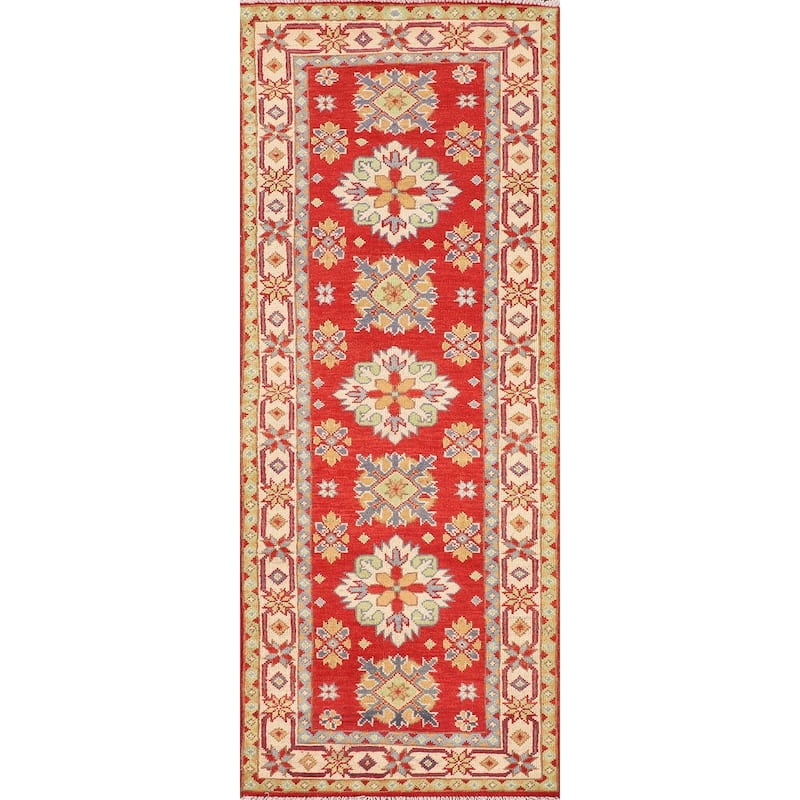 Geometric Red Kazak Oriental Runner Rug Hand-Knotted Wool Carpet - 2'2" x 6'3"