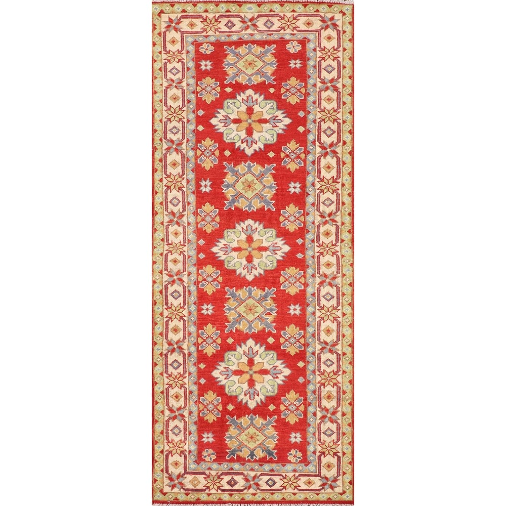 Geometric Red Kazak Oriental Runner Rug Hand-Knotted Wool Carpet - 2'2" x 6'3"