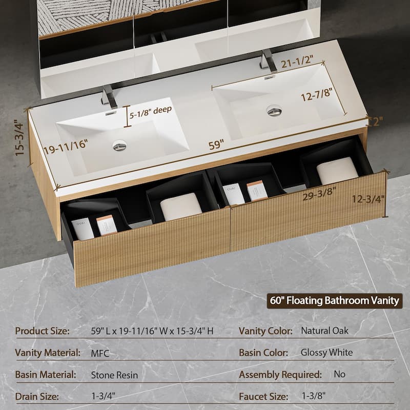 GDFStudio - Emerson 60-Inch Floating Double Bathroom Vanity with Solid Surface Basins and Fluted Storage Drawers