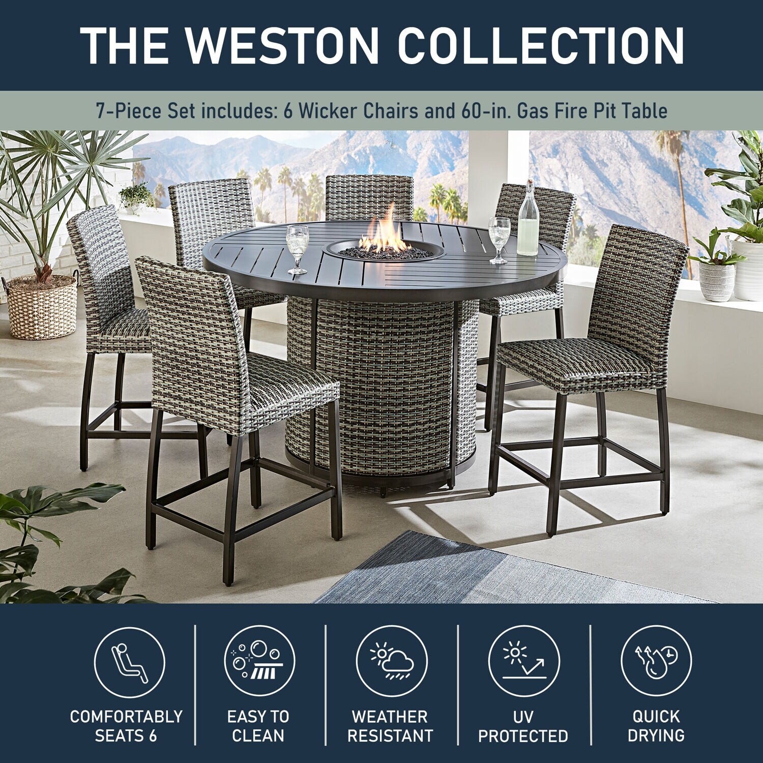 Agio Weston 7 Piece Outdoor High Dining Fire Pit Set with 6 Wicker Chairs and 60 in. 60 000 BTU Gas Fire Pit Table Bed Bath Beyond 34722584