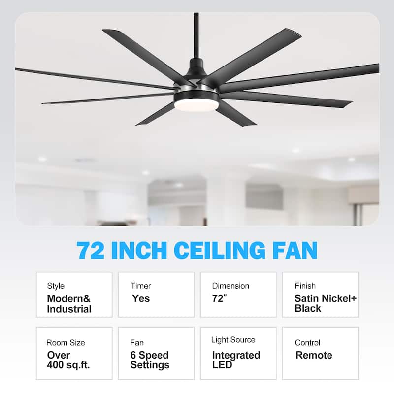 72 Inch Black Morden LED Ceiling Fan with Light Remote(8-Blade)