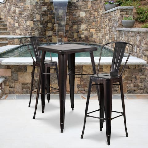 23.75'' Square Metal Indoor-Outdoor Bar Table Set with 2 Stools with Backs - 27.75"W x 27.75"D x 40"H