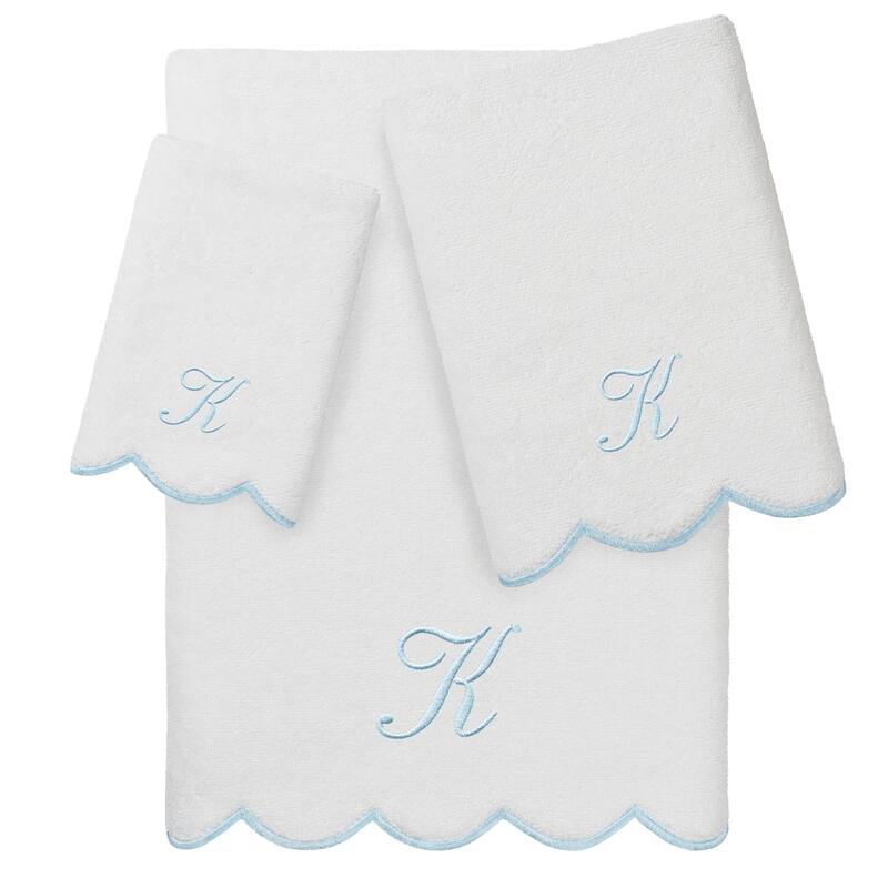 Authentic Hotel and Spa 100% Turkish Cotton Blue ADORNIA Scallop Personalized 3 Piece Towel Set - 3 Piece Set - K