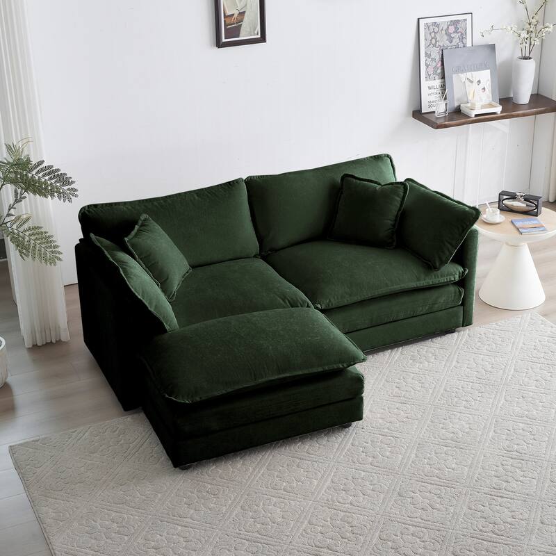 GDFStudio - Pawn Chenille L-Shaped 2 Seater Sofa with 1 Ottoman with Pillow - Green