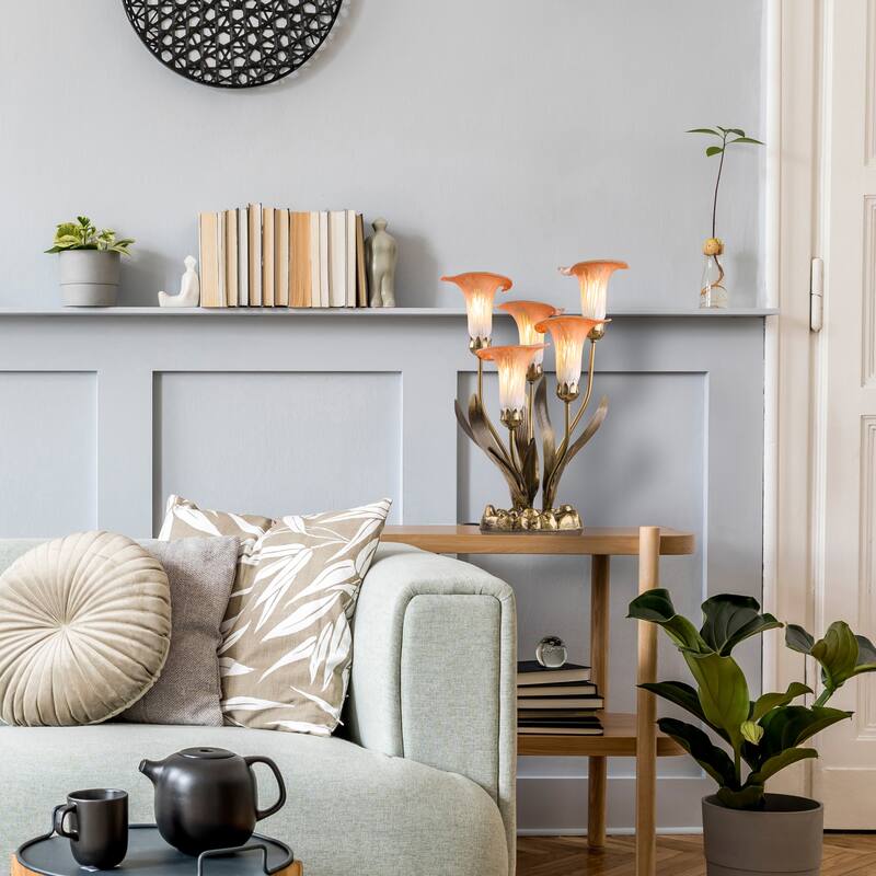 20-inch Antique Brass and Hand Blown Glass 5 Calla Lily Uplight Accent Lamp - 15" x 14" x 20"