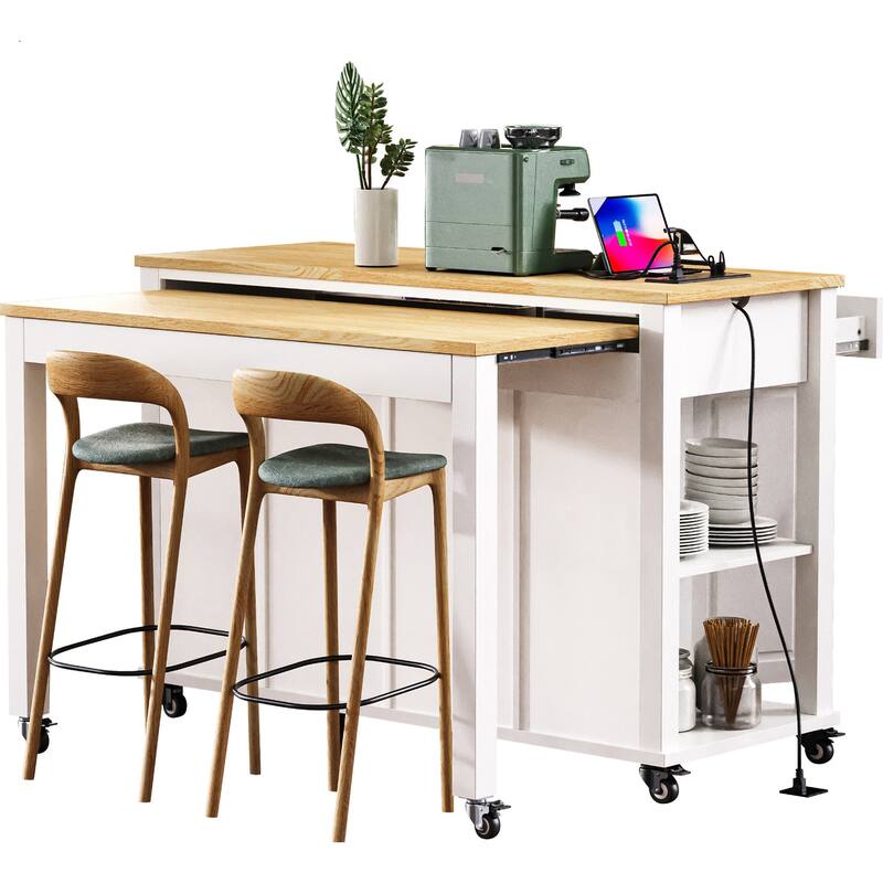 47 Inch Kitchen Island with Extendable Dining Table, Internal Storage Rack, Power Outlet, Rolling Kitchen Cart on Wheels