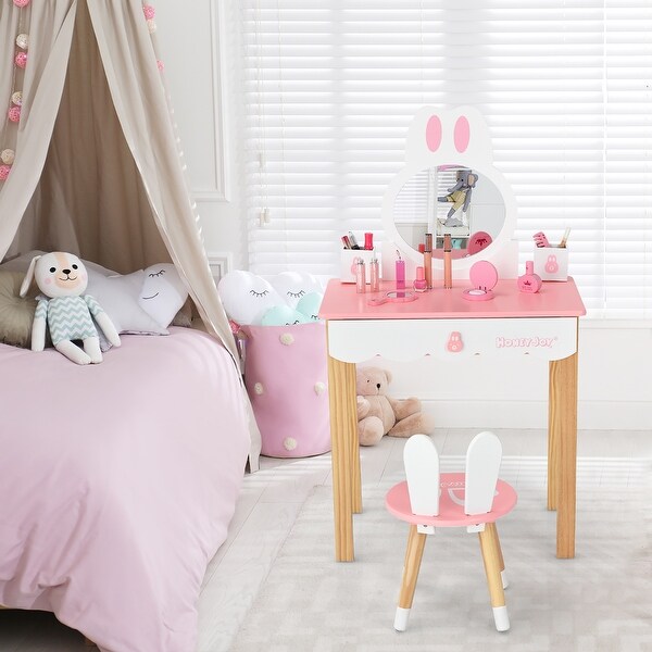 Kids Vanity Set Rabbit Makeup Dressing Table Chair Set with Mirror and Drawer White Costway