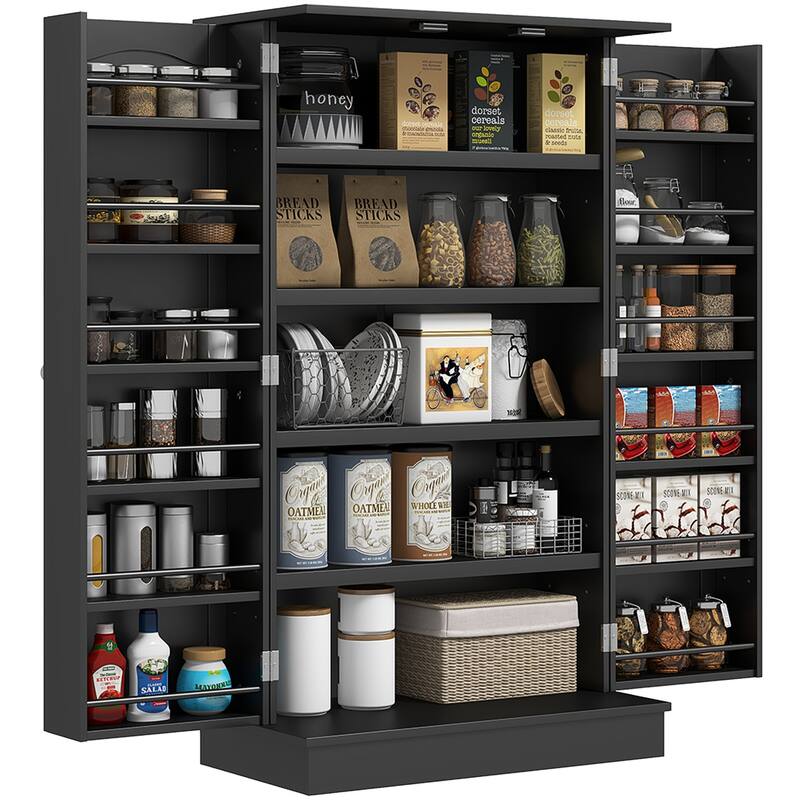 41" Kitchen Pantry Storage Cabinet, Freestanding Kitchen Cabinet with 12 Door Shelves, Double Doors, 5-tier Shelving - Black