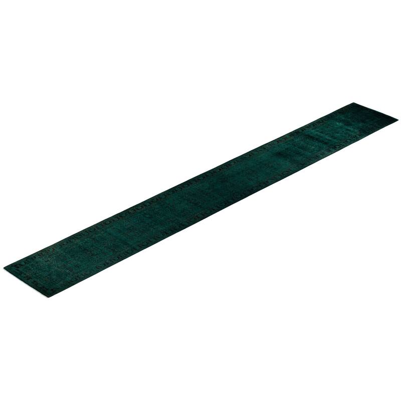 Overton Hand Knotted Wool Vintage Inspired Modern Contemporary Overdyed Green Runner Rug - 2' 5" x 21' 5"