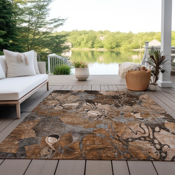 slide 2 of 9, Machine Washable Indoor/ Outdoor Modern Floral Chantille Rug 10' x 14' - Paprika