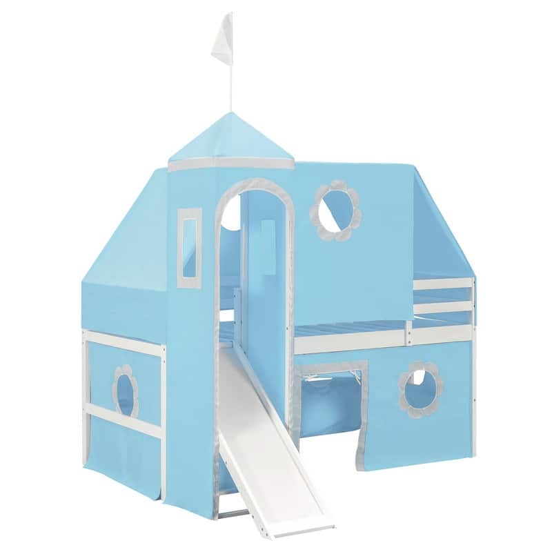 Twin Size Loft Bed with Slide Blue Tent and Tower