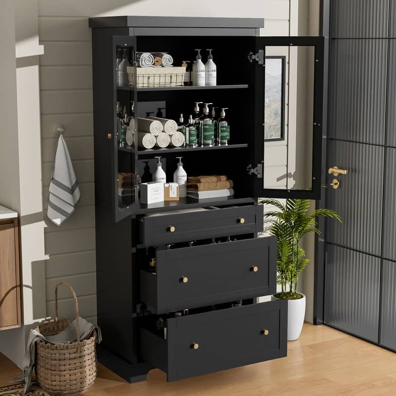 70.1" Modern High Freestanding Tall Bathroom Cabinet with 2 Adjustable Shelves, 3 Drawers, Soft Close Glass Doors