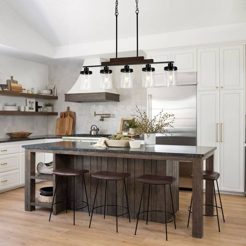 Farmhouse 5-Light Wood Accented Glass Shade Linear Island Chandelier