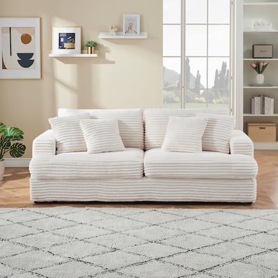 79-inch Corduroy 3 Seater Sofa with 4 Pillows, White, Easy Assembly