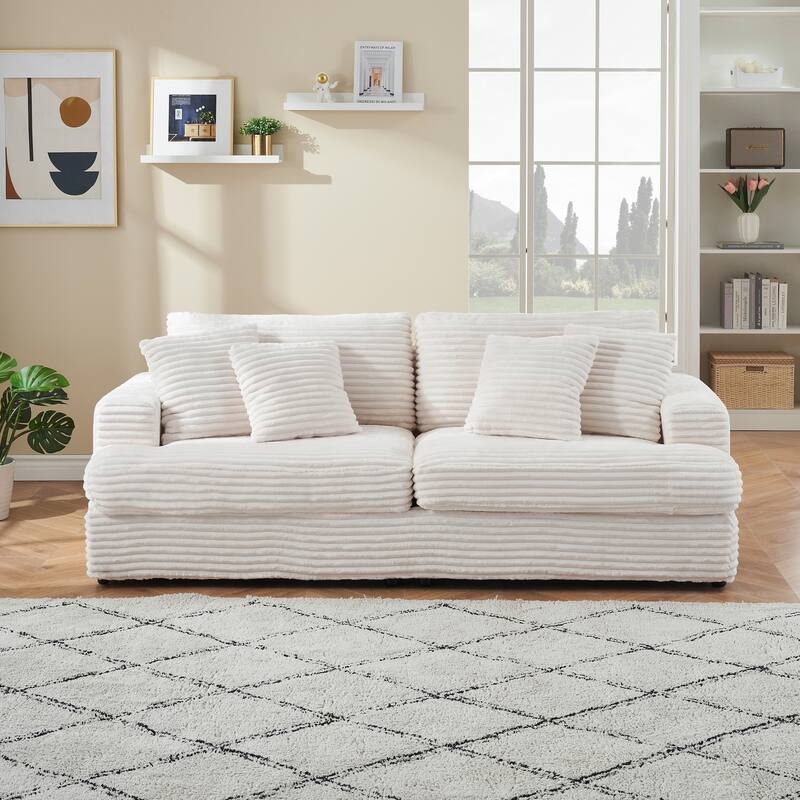 Corduroy Loveseat Sofa with 4 Pillows & Cushions, Upholstered Deep Seat Sofa wSolid Wood Base Frame Recliner Sofa Couch - White