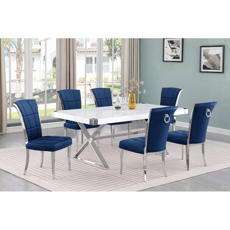 Best Quality Furniture D440/1-SC320-7 Dining Set 78" White Lacquer Wood Top