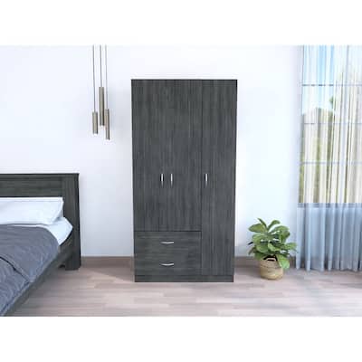 35.4" Modern Three-door Armoire with Two Drawers, Shelves and Hanging Rod