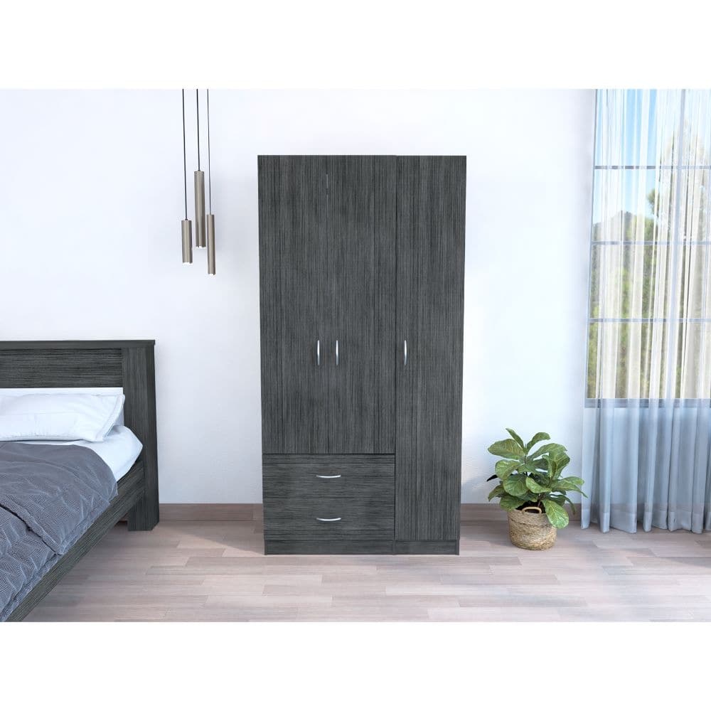 35.4" Modern Three-door Armoire with Two Drawers, Shelves and Hanging Rod
