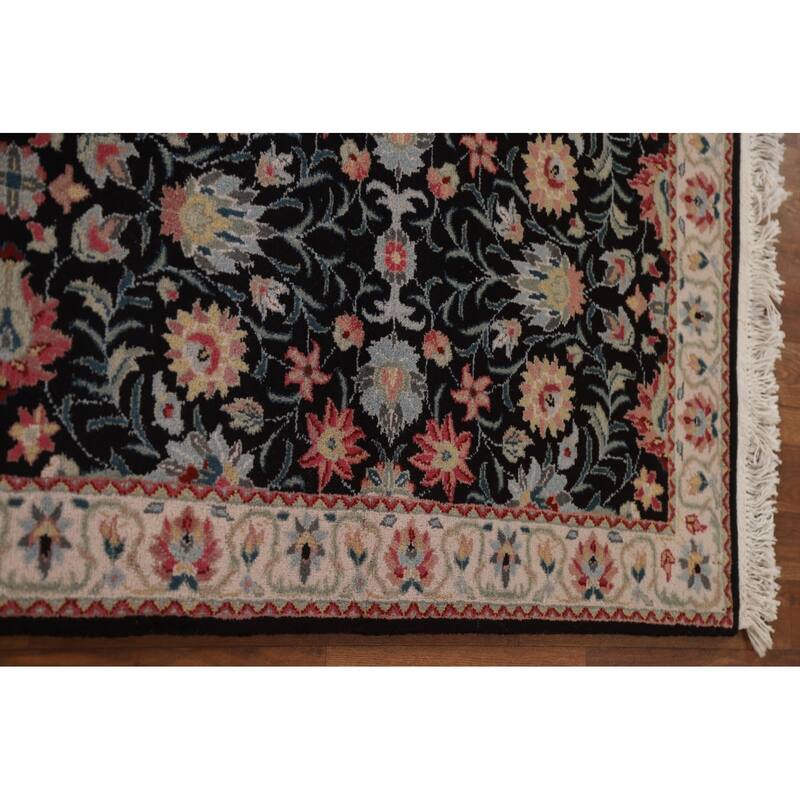 Hand Knotted Oriental 100% Wool Carpet Traditional Floral Black Kashan Runner Rug - 7' 8'' X 2' 6''