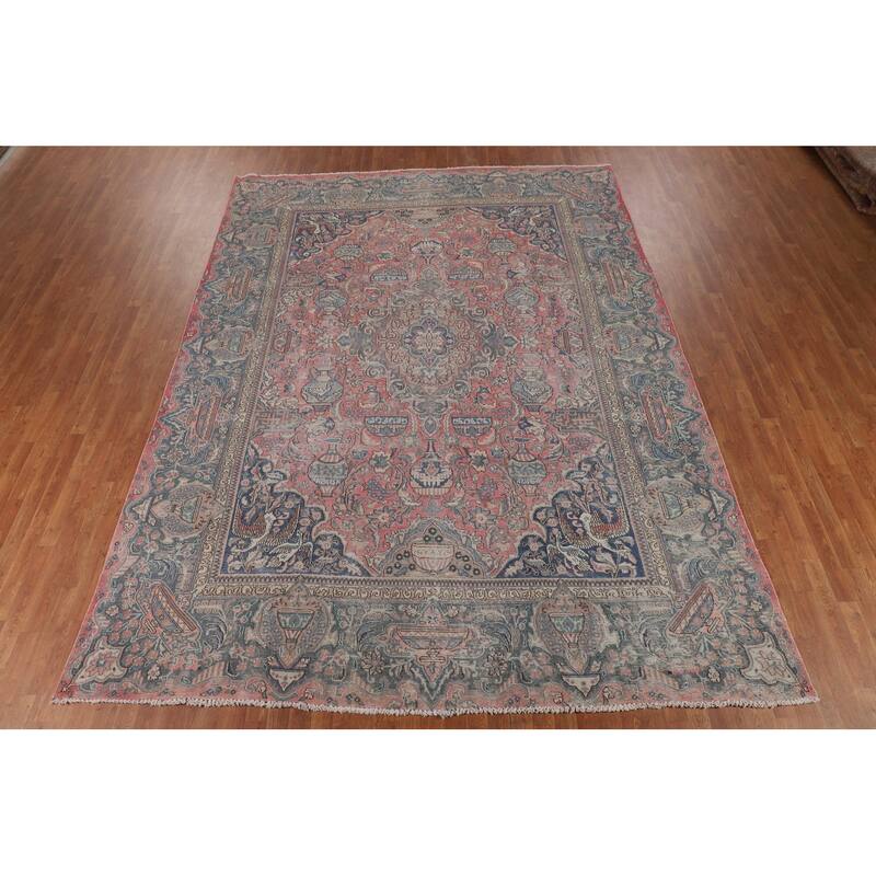 Animals Pink Kashmar Persian Vintage Area Rug Hand-Knotted Wool Carpet - 9'5"x 12'9"