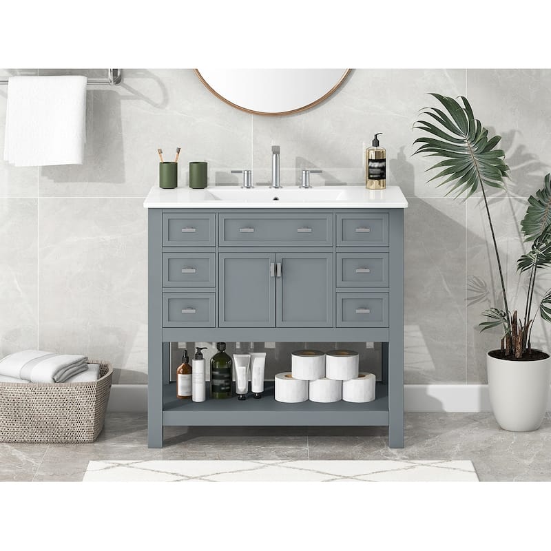 36''Bathroom Vanity With Top Sink,Storage Cabinet With 2 Soft Closing Doors And 6 Drawers,Single Sink Bathroom Vanity