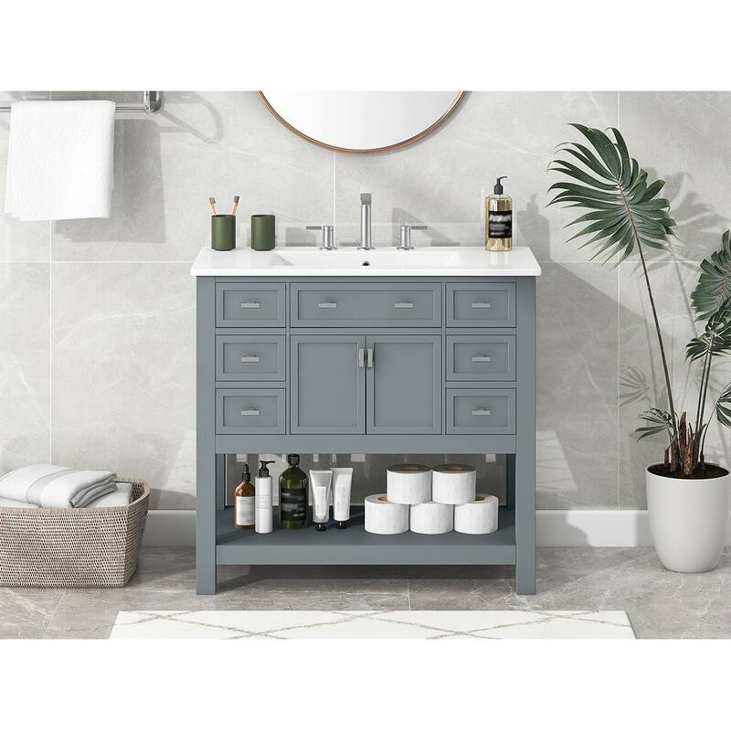 Roomfitters 36 Inch Bathroom Vanity with Sink, Modern Storage Cabinet with 2 Doors and 6 Drawers, Grey
