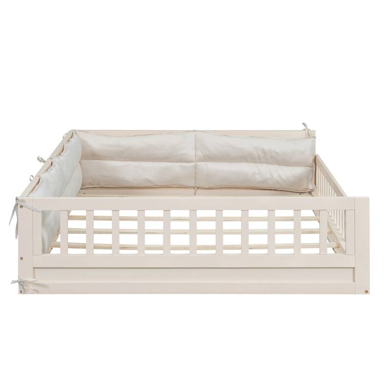 Full Size Upholstered Platform Bed Frame with Guardrail and Pillows, No Box Spring Required, Sturdy and Comfortable for Bedroom