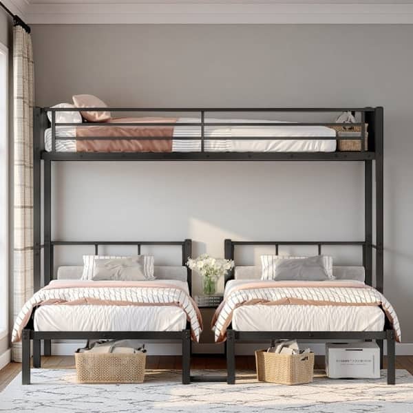 slide 2 of 12, Metal Triple Bunk Bed for 3, Convertible Twin XL Over Twin & Twin Frame with Shelf, Ladder & Guardrails Black