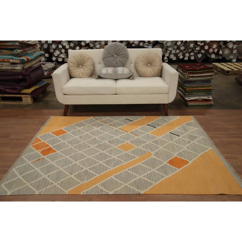 Hand Woven Oriental 100% Wool Carpet Southwestern Modern Greys & Charcoal Kilim Area Rug - 6' 6'' X 5' 1''