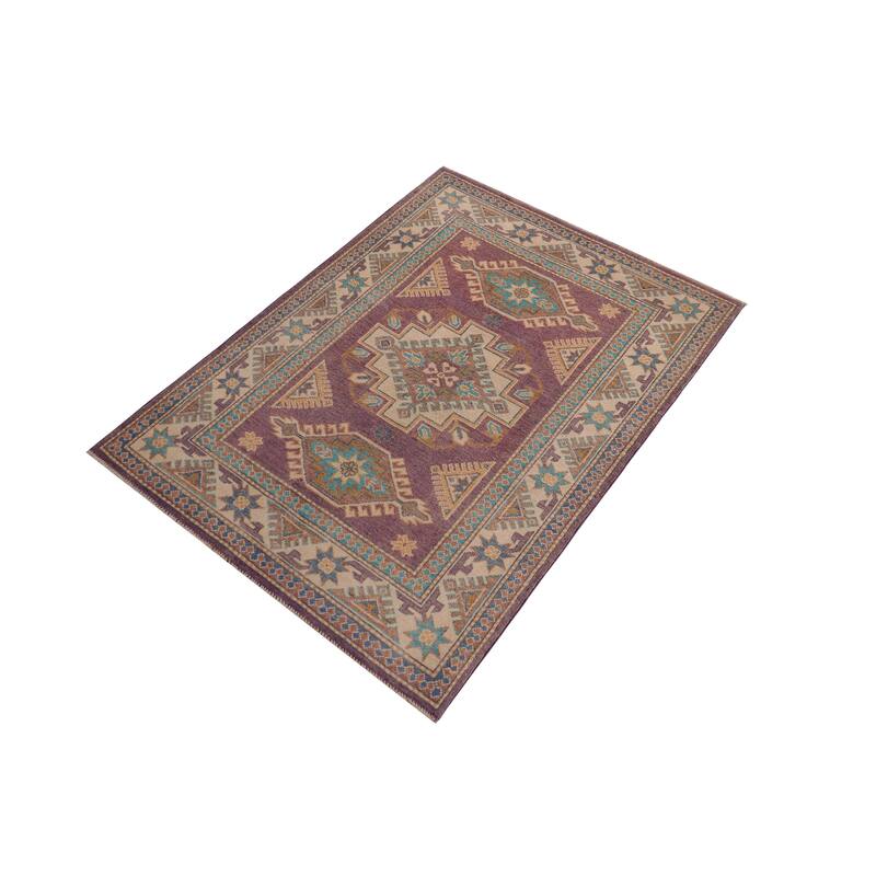Bohemian Kazak Mila Light Purple/Beige Wool Rug - 3'4'' x 4'10''