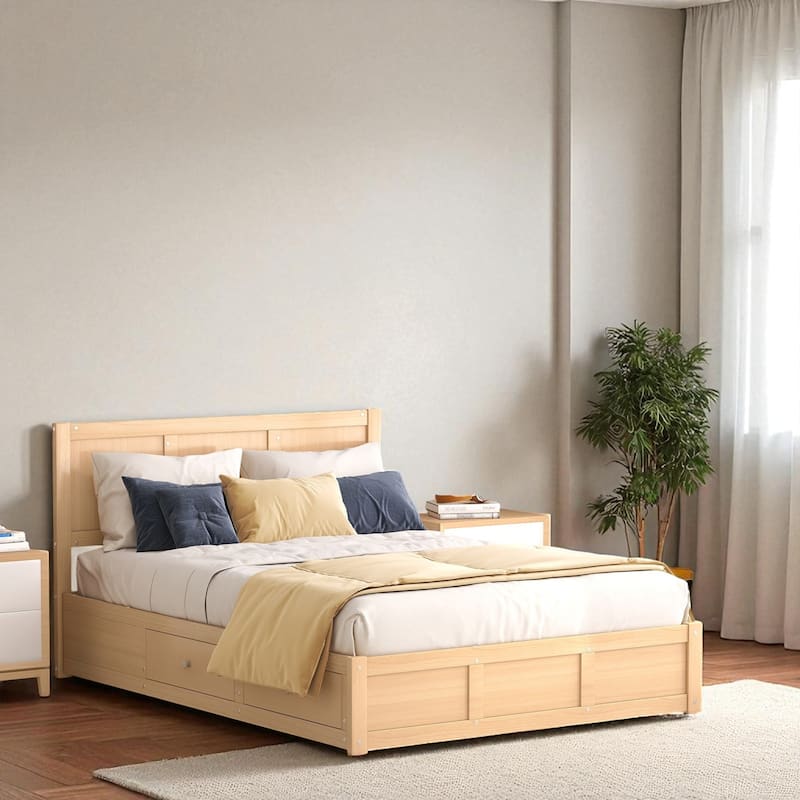 Full/Queen Size Wood Platform Bed with Headboard, 2 Drawers, Extra Storage Space & Sturdy Slats
