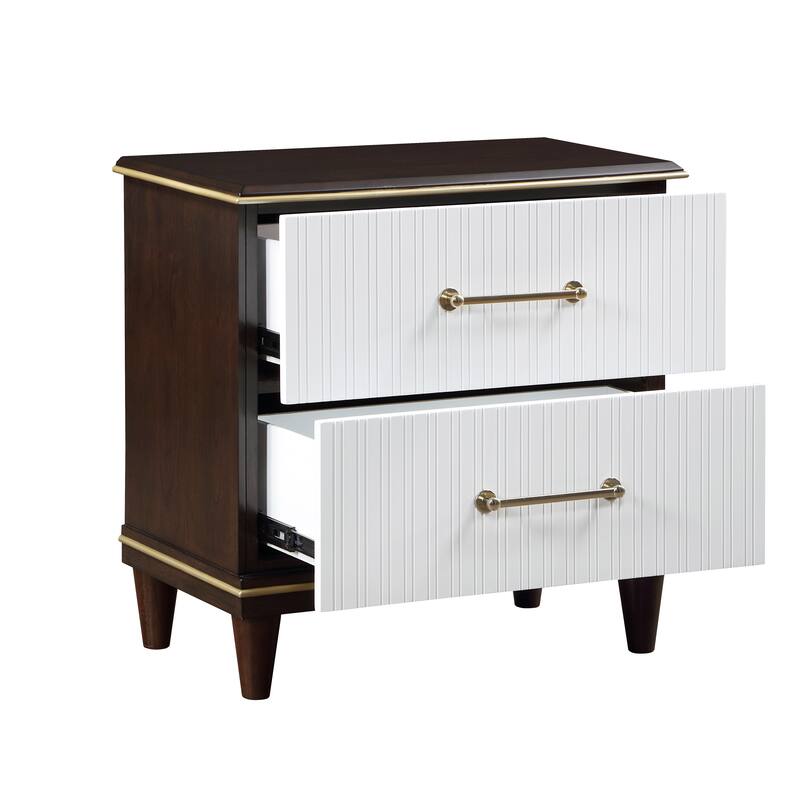 Modern White & Cherry 2-Drawer Nightstand w/ Gold Trim for Bedroom
