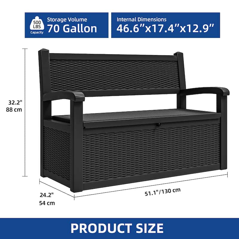 70 Gallon Storage Bench Deck Box for Patio Cushions, Garden Tools and Pool Supplies - 70 Gal