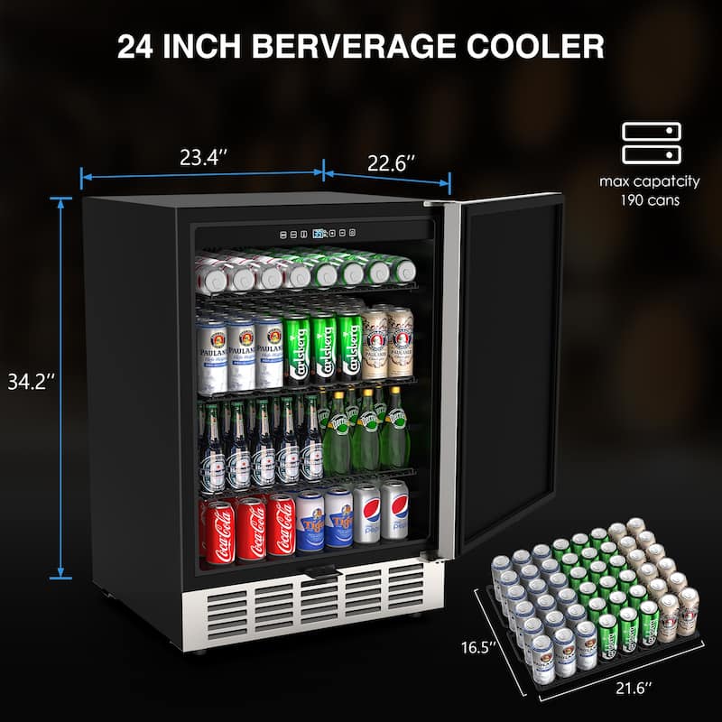 190 Cans Built-In Refrigerator Beverage Cooler Under Counter Fridge - Silver Stainless Steel - N/A