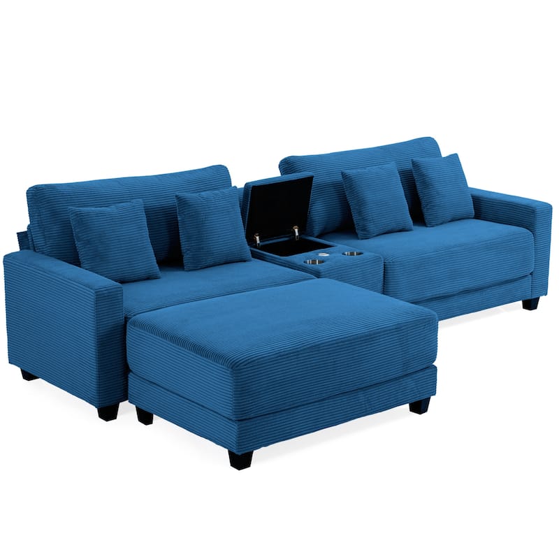 Oversized Corduroy Upholstered Sofa with a Removable Ottoman & 4 Pillows