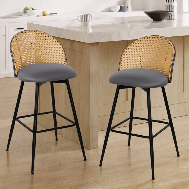 Upholstered Swivel Counter/ Bar Stools with Rattan Back - Set of 2 - Leather-Grey - Bar Height