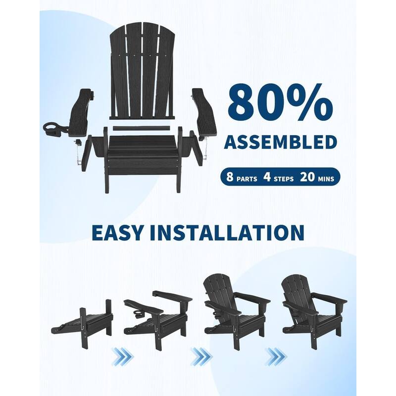 2-Pack Folding Adirondack Chairs HDPE All-Weather Outdoor Seating with Cup Holder and Wood-Look Texture