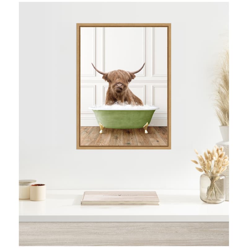 Kate and Laurel Sylvie Highland Cow in Transitional Bathtub Framed Canvas by Amy Peterson