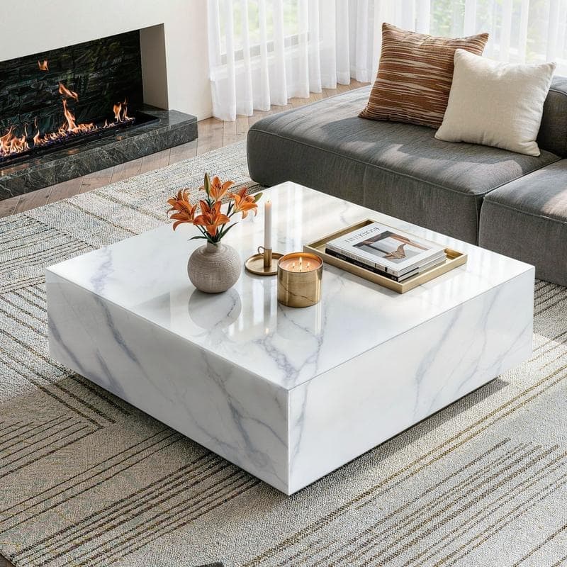 Faux Marble Square Coffee Table - White