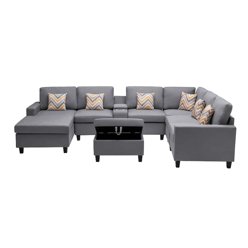 Linen Fabric 8 Piece Reversible Chaise Sectional Sofa with Storage Ottoman, and Storage Console Table