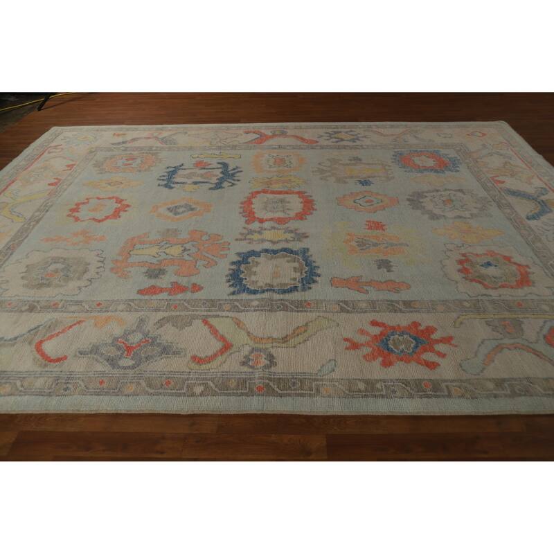 Hand Knotted Oriental 100% Wool Carpet Transitional All-Over Navy Blue & Blues Oushak Area Rug - 12' 5'' X 9' 0''